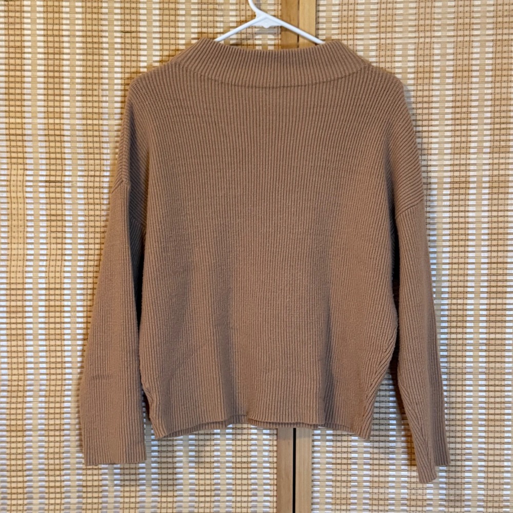 Ann‎ Taylor Petite Ribbed Mock Neck Sweater Camel Tan Drop Shoulder LP Preppy